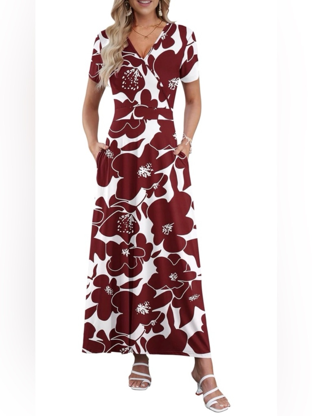 AUSELILY  Ankle Length Floral Print Beach Long Flowy Maxi Dress with Pockets